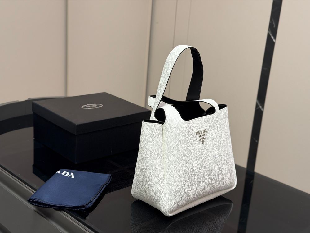 Prada White Grain Calfskin Mini Top Handle Bucket Bag